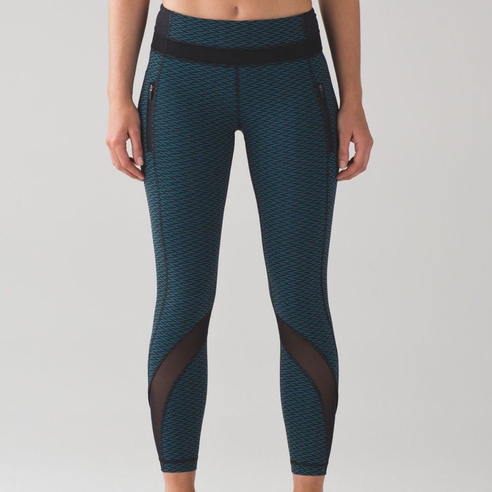 lululemon athletica Teal & Black Patterned Leggings with Mesh Panels